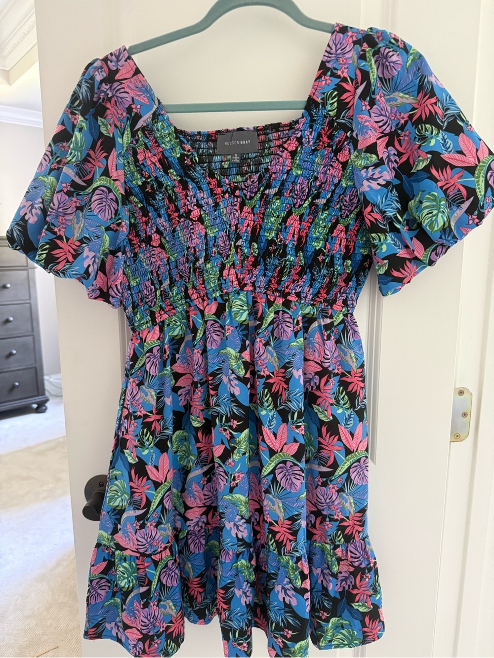 Floral Smocked Mini Dress in Black with Pink & Blue Leaves